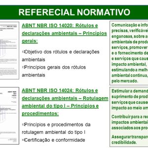 Princípios gerais dos rótulos ambientais. Comunicação e informações precisas, verificáveis, não enganosas, sobre aspectos ambientais de produtos e serviços, promover a demanda e o fornecimento de produtos e serviços que causem menor impacto ambiental, estimulando a melhoria ambiental contínua, ditada pelo mercado. ABNT NBR ISO 14024: Rótulos e declarações ambientais – Rotulagem ambiental do tipo I – Princípios e procedimentos: Princípios e procedimentos da rotulagem ambiental do tipo I. Certificação e conformidade. Estimular a demanda e o suprimento de produtos e serviços que causem menor impacto ao meio ambiente. Contribuir para a redução dos impactos ambientais associados aos produtos. Assegurar transparência e credibilidade.